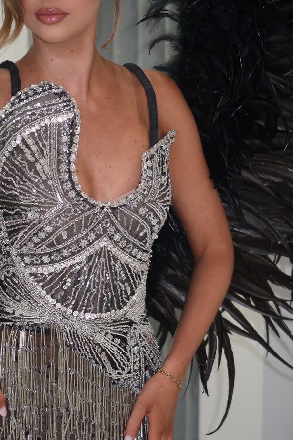 COSMIC FRINGE MINI DRESS BLACK