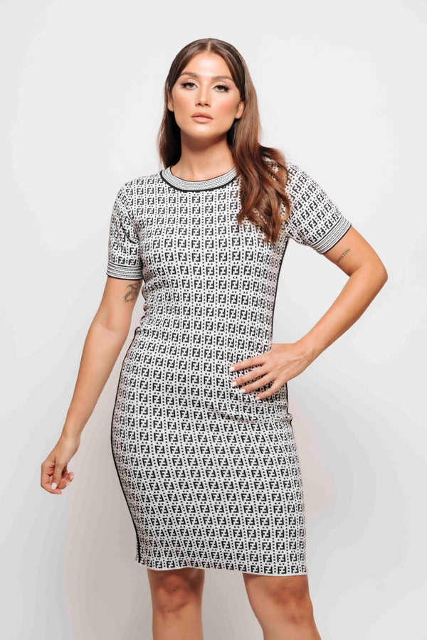 JACQUARD KNITTED MINI DRESS BY FENDI WHITE