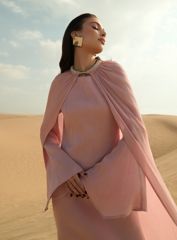 JACQUARD CAPE MAXI DRESS BY LICHI PINK