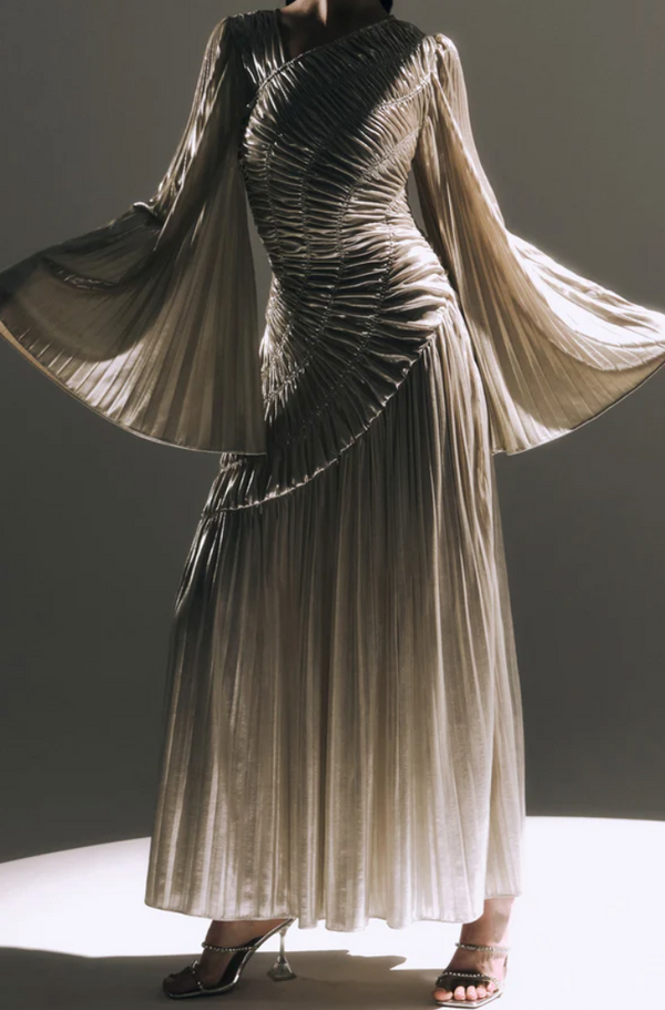 METALLISED FABRIC MAXI DRESS BY LICHI GOLD CREAM