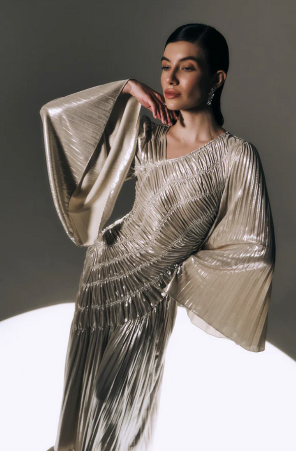 METALLISED FABRIC MAXI DRESS BY LICHI GOLD CREAM