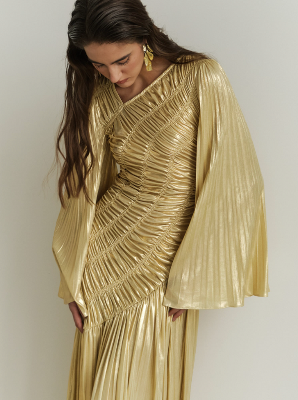 METALLISED FABRIC MAXI DRESS BY LICHI GOLD CREAM