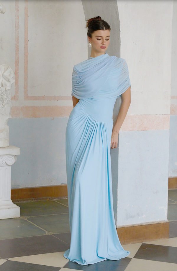 CATHERINE ASYMMETRICAL PLEATED MAXI BY MISS ROSIER BLUE