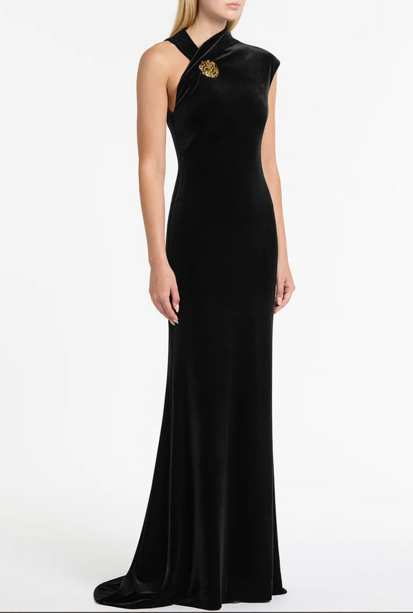 VELVET GOLD BUTTON MAXI DRESS BY CARLA ZAMPATTI BLACK
