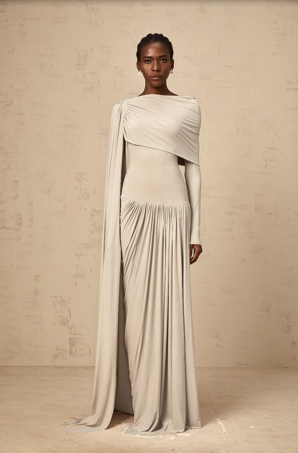 GAELLE NEUTRAL DRAPED MAXI DRESS