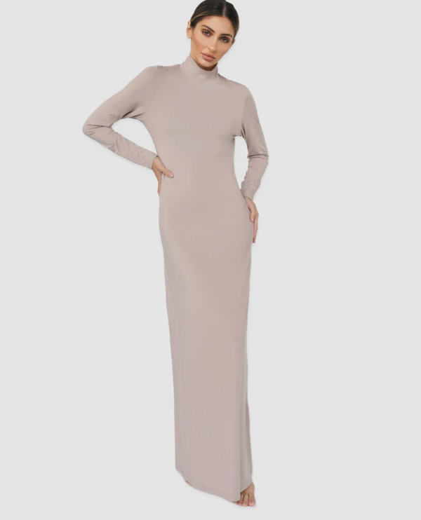 LUXE SLIP DRESS HIGH-NECK FAWN