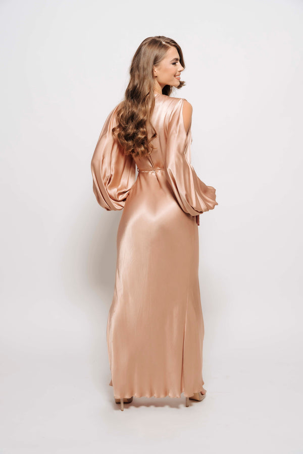 LA LUNE FULL SLEEVE WRAP MIDI DRESS BY SHONA JOY ROSE GOLD