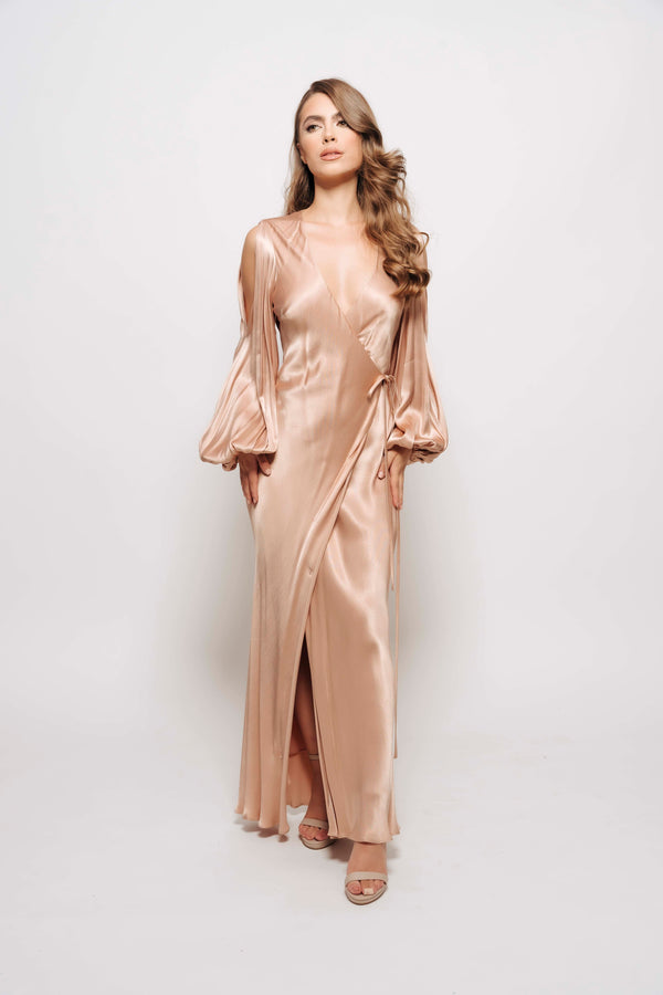LA LUNE FULL SLEEVE WRAP MIDI DRESS BY SHONA JOY ROSE GOLD