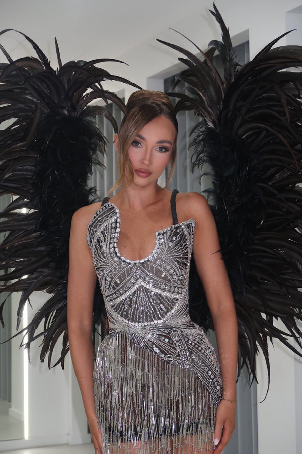 COSMIC FRINGE MINI DRESS BLACK