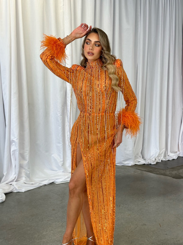 LUNAR FEATHER SLEEVE DRESS BY MY SECRET WARDROBE ORANGE