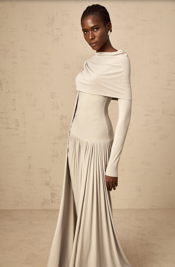 GAELLE NEUTRAL DRAPED MAXI DRESS